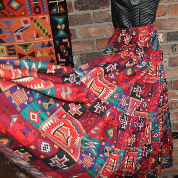 Vtg 80s Sherry Holt Desert West Multi Color Southwestern Tiered Skirt XS-S - Picture 4 of 6